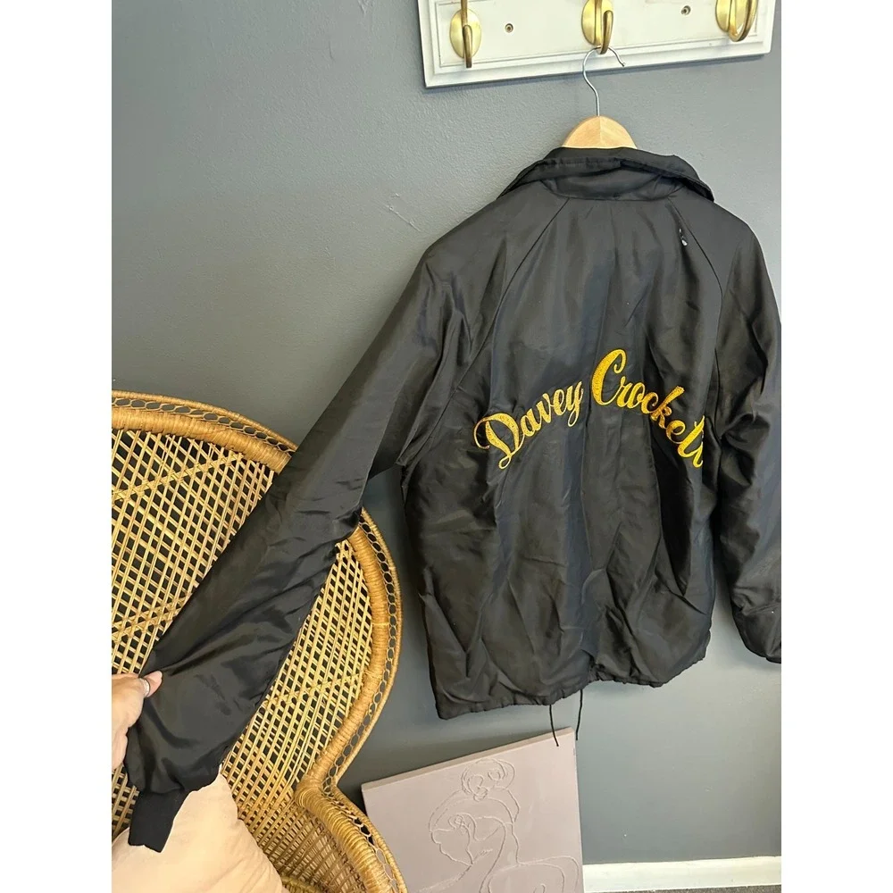 Vintage Swingster Davey Crockett Mens Medium Jacket Black Nylon Embroidered Snap
